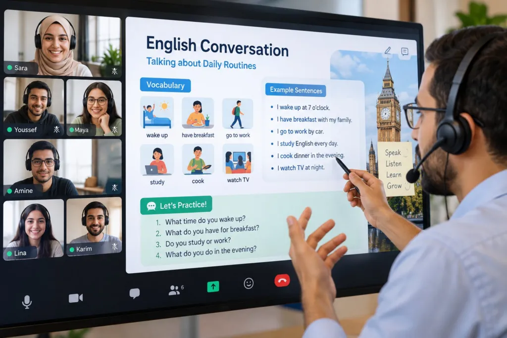 Cours d'anglais en ligne en direct avec un enseignant Takouine