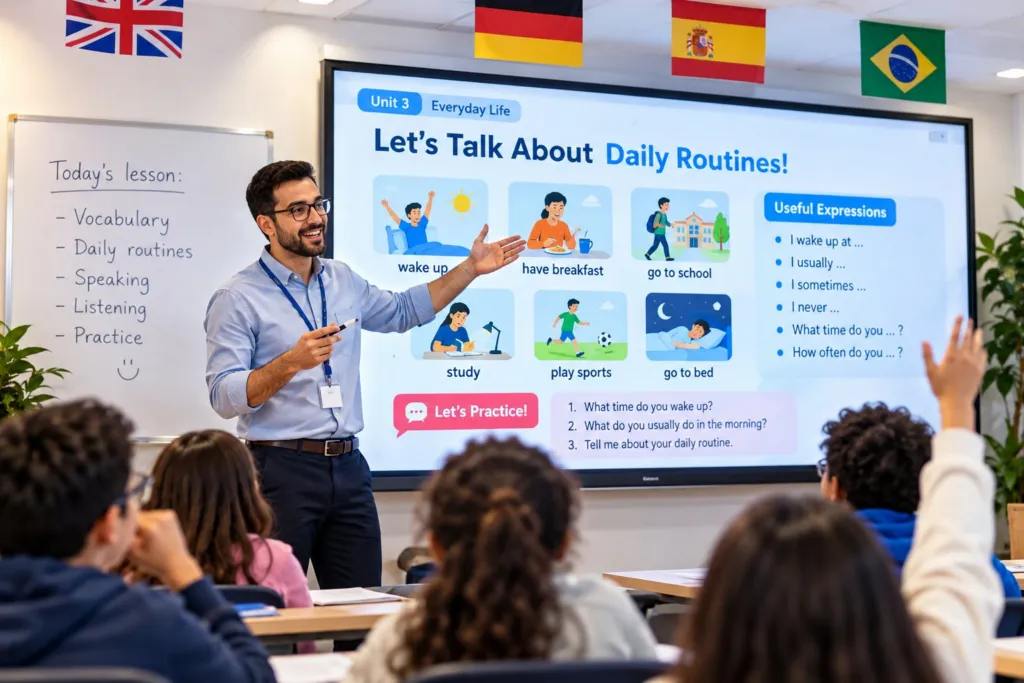 Enseignant animant un cours de langue pour enfants
