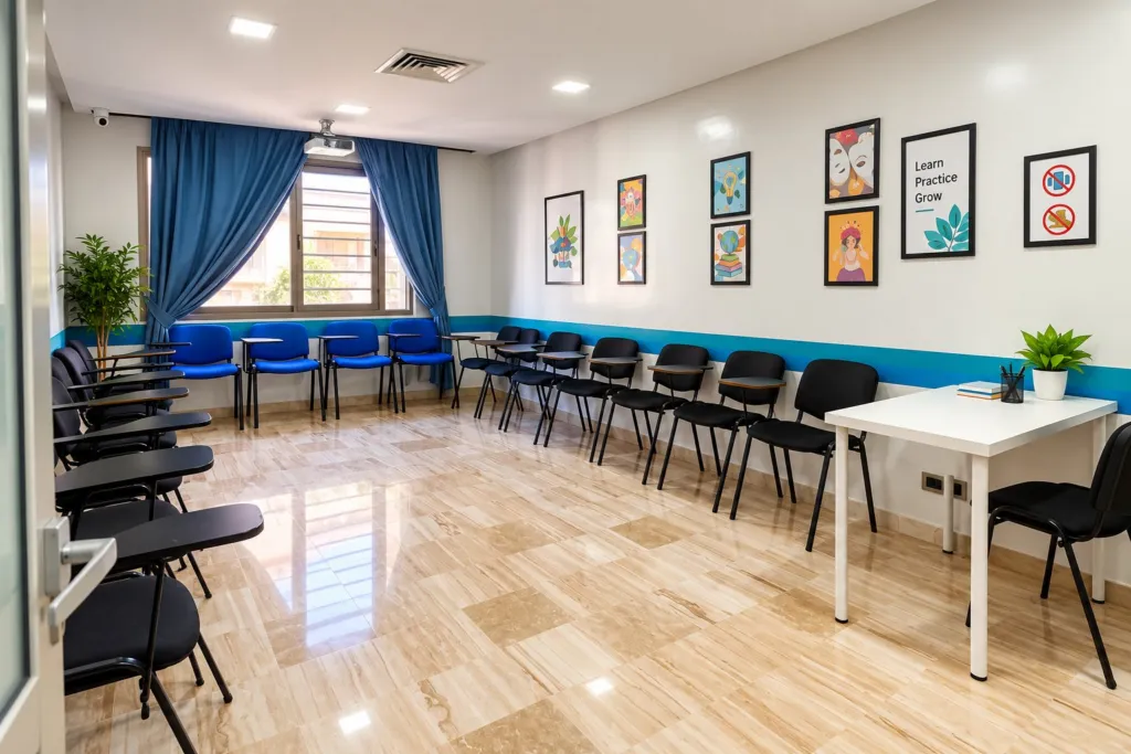 Salle de formation lumineuse équipée d'un écran